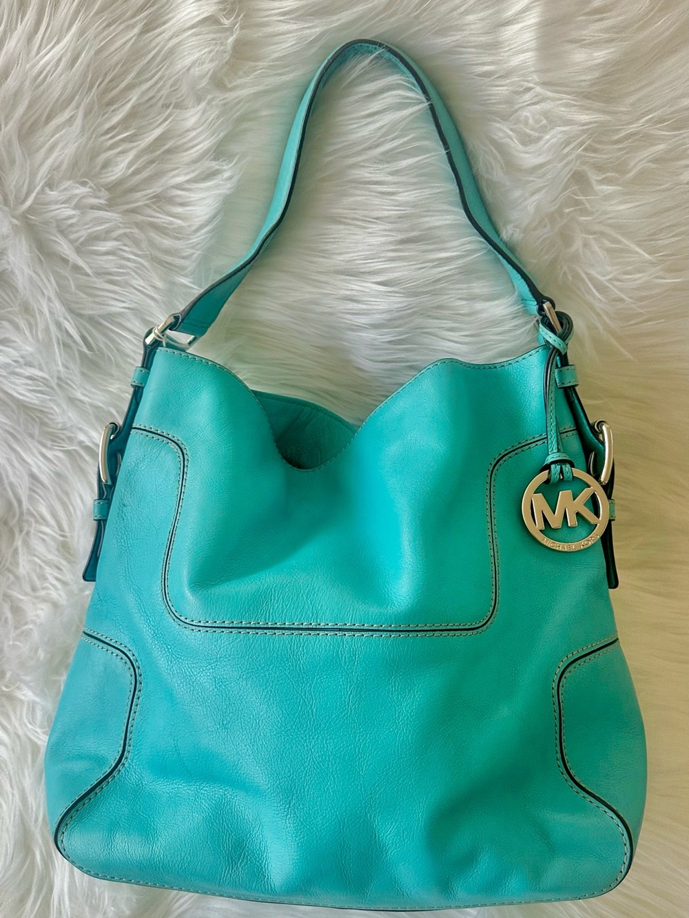 Michael Kors Turquoise Leather Hobo with Gold MK Charm